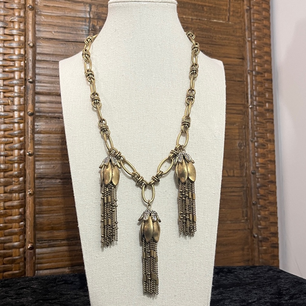 J. Crew Vintage Gold Tone Rhinestone Triple Tulip Tassel Statement Necklace